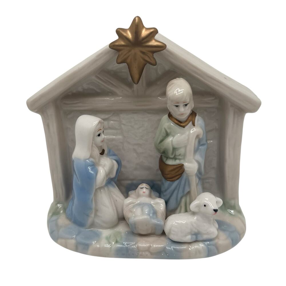Vintage Porcelain One Piece Tabletop Christmas Nativity Scene Gold Star NEW